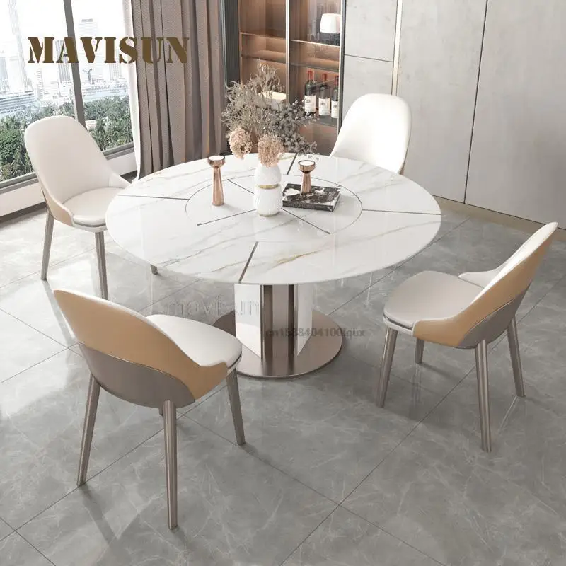 

Mild Luxury Rock Slab Round Table With Turntable Modern Minimalist Italian Household Small Apartment Kitchen Table And Chair Set