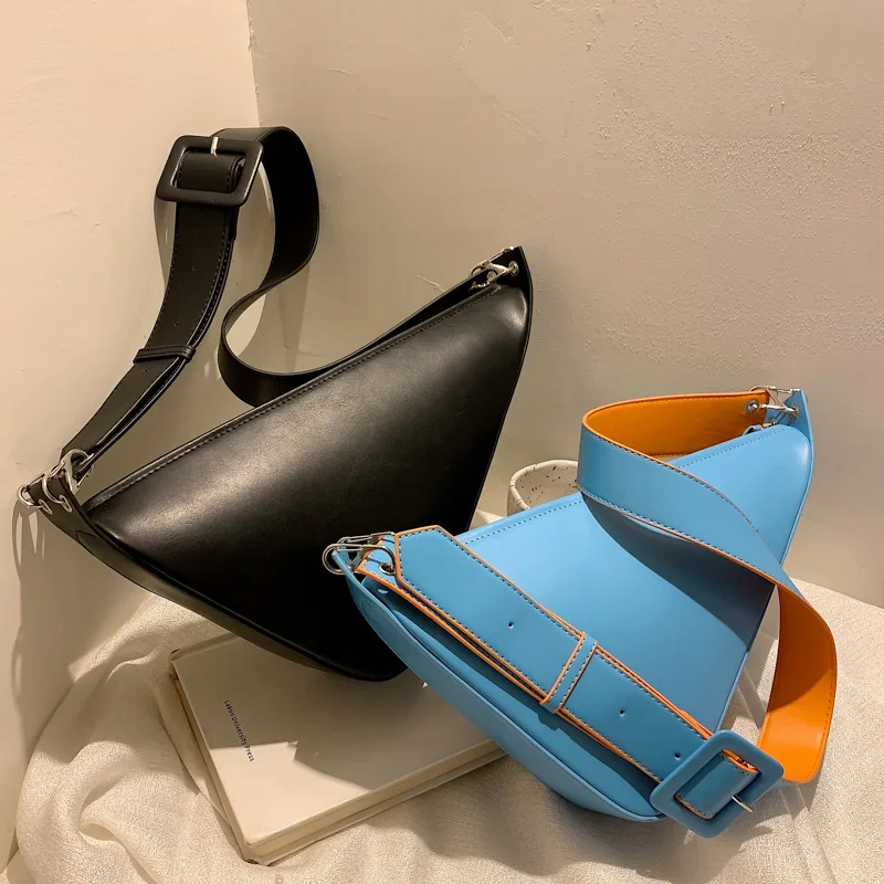 

Fashion Triangle Crossbody Bag for Wpmen Designer Wide Strap Shoulder Bags Luxury Pu Leather Messenger Bag Lady Small Purse 2022