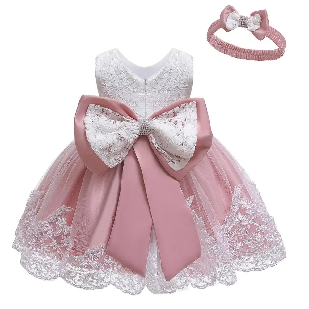 

Newborn Dress Bow Send Hairband Tutu Skirt Lace Dress Baby Girl Lace 1st Birthday Party Princess Dress Girls Wedding Dress