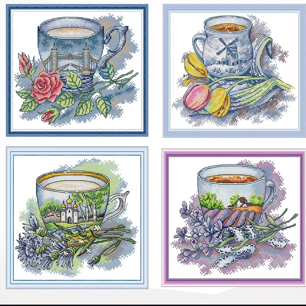 

Tea Cup landscape cross-embroidered living room bedroom hanging painting, 11CT/14CT hand-embroidered