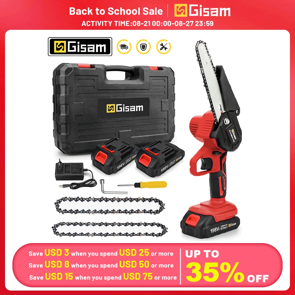 6 Inch Electric Chainsaw with 2 Battery Rechargeable Tree Branch Saw Woodworking Pruning One-handed Saw Garden Tool Spare Chains