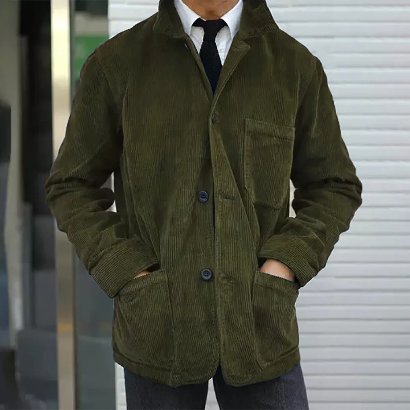 

Куртка мужская Вельветовая однотонная с длинным рукавом, винтажный однобортный жакет с лацканами, модная простая куртка с карманами, весна-осень