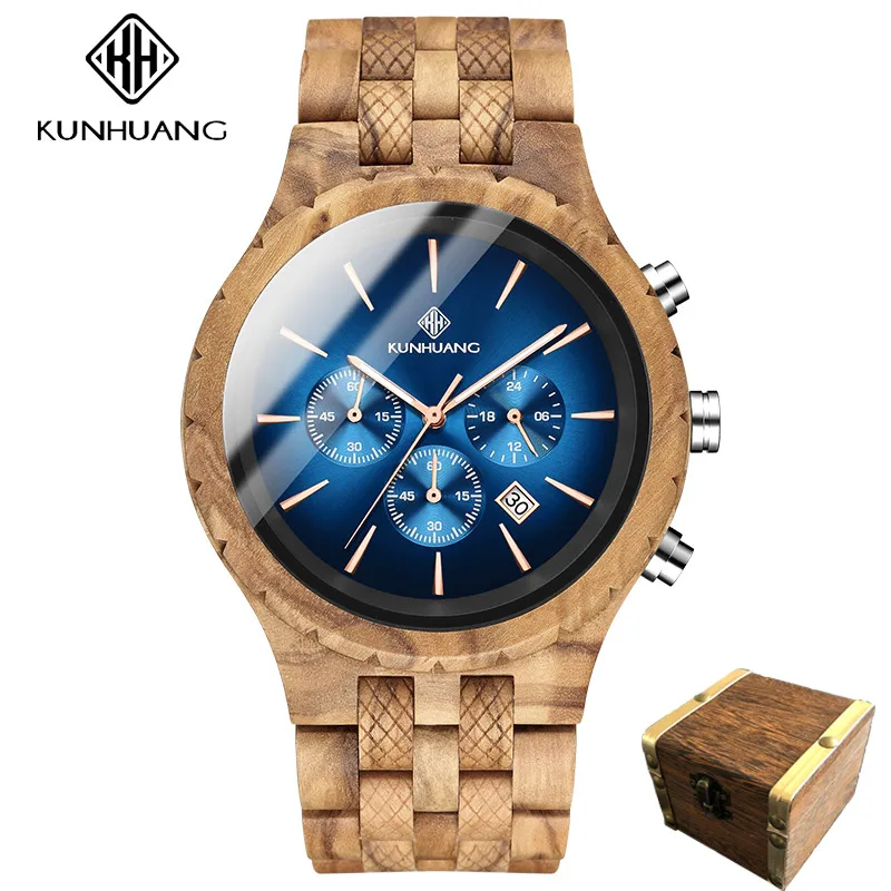 

KUNHUANG Wooden Quartz Watch Men Luminous Sport Military Watches Mens Business Chronograph Wristwatch Male Clock reloj hombre
