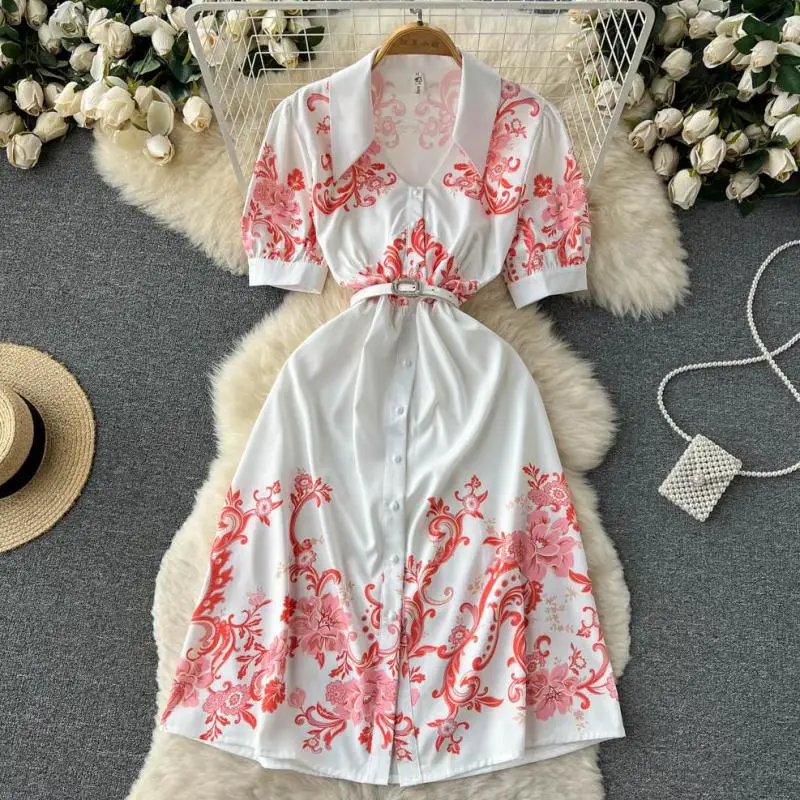 

WEIHAOBANG 2022 Summer Women New Printed Single Breasted V-neck Short Sleeve Belt Slim Fitting Dress Medium Length A-line Skirt
