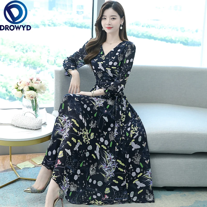 

2022 Vintage Floral v-neck Casual Midi Dresses 3XL Spring Summer Long Sleeve Dress Women Bodycon Party Evening Maxi Vestidos