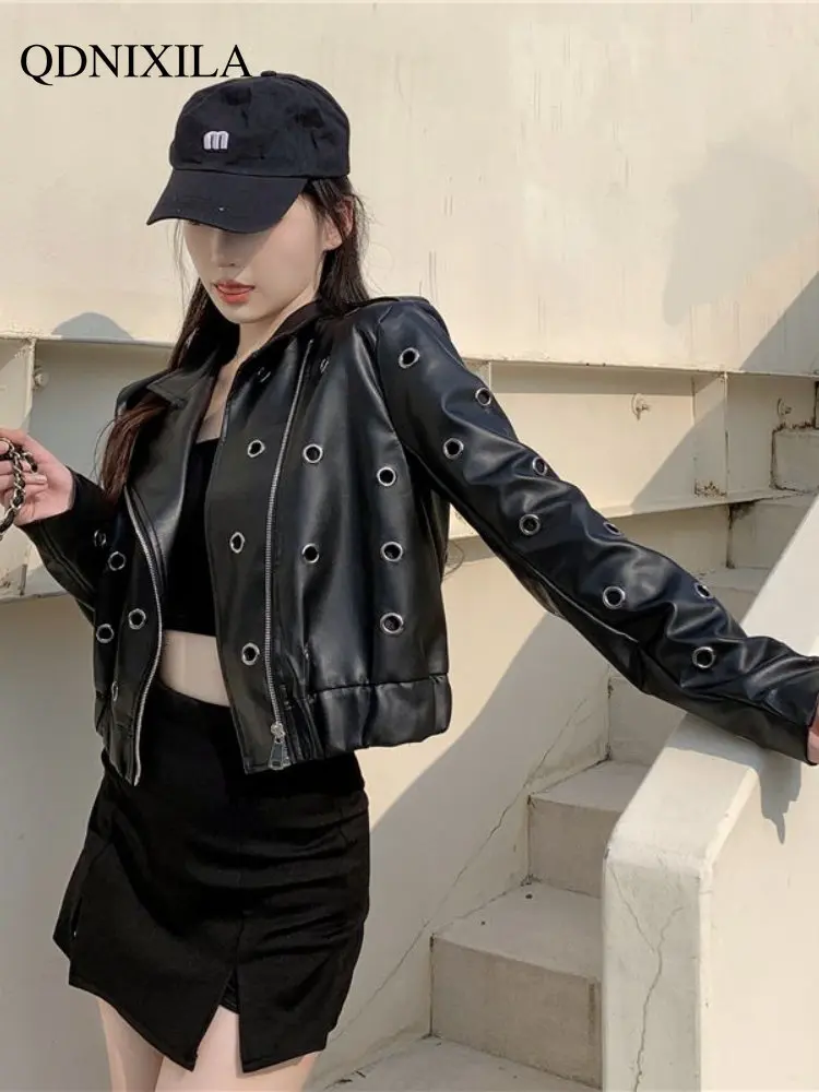 Women's Moto Biker Zipper Jacket 2023 Spring Jacket Women New Outerwear Heavy Industries Metal Buckle Hole Leather Jacket Woman