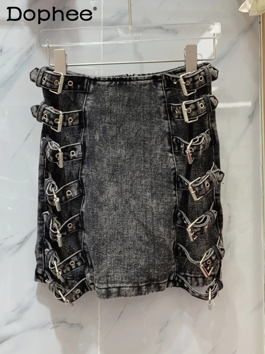 

Streetwear Washed Denim Side Buckle Belt Decorative Jeans Skirt Women High Waist Hip A- Line Mini Skirt 2022 Summer New Faldas