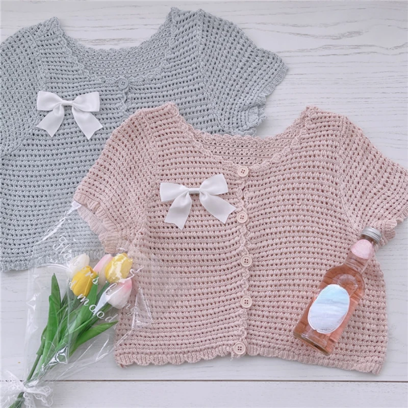 

Summer Sweet Lolita Knitted T-Shirts Women Korean Fashion Bow Short Sleeve Kawaii T-Shirt Girls Chic Hollowed Out Knitwear Tops