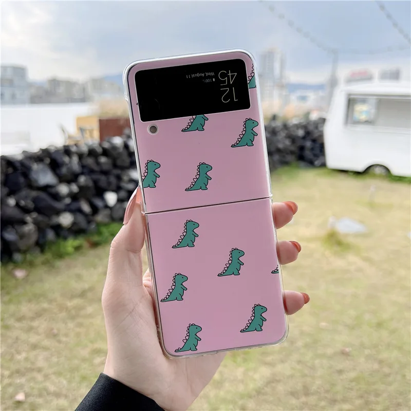 

Cartoon Dinosaurs Pink Phone Case for Samsung Galaxy Z Flip 3 Z Flip 4 Hard PC Back Cover for ZFlip3 ZFlip4 Case Shell