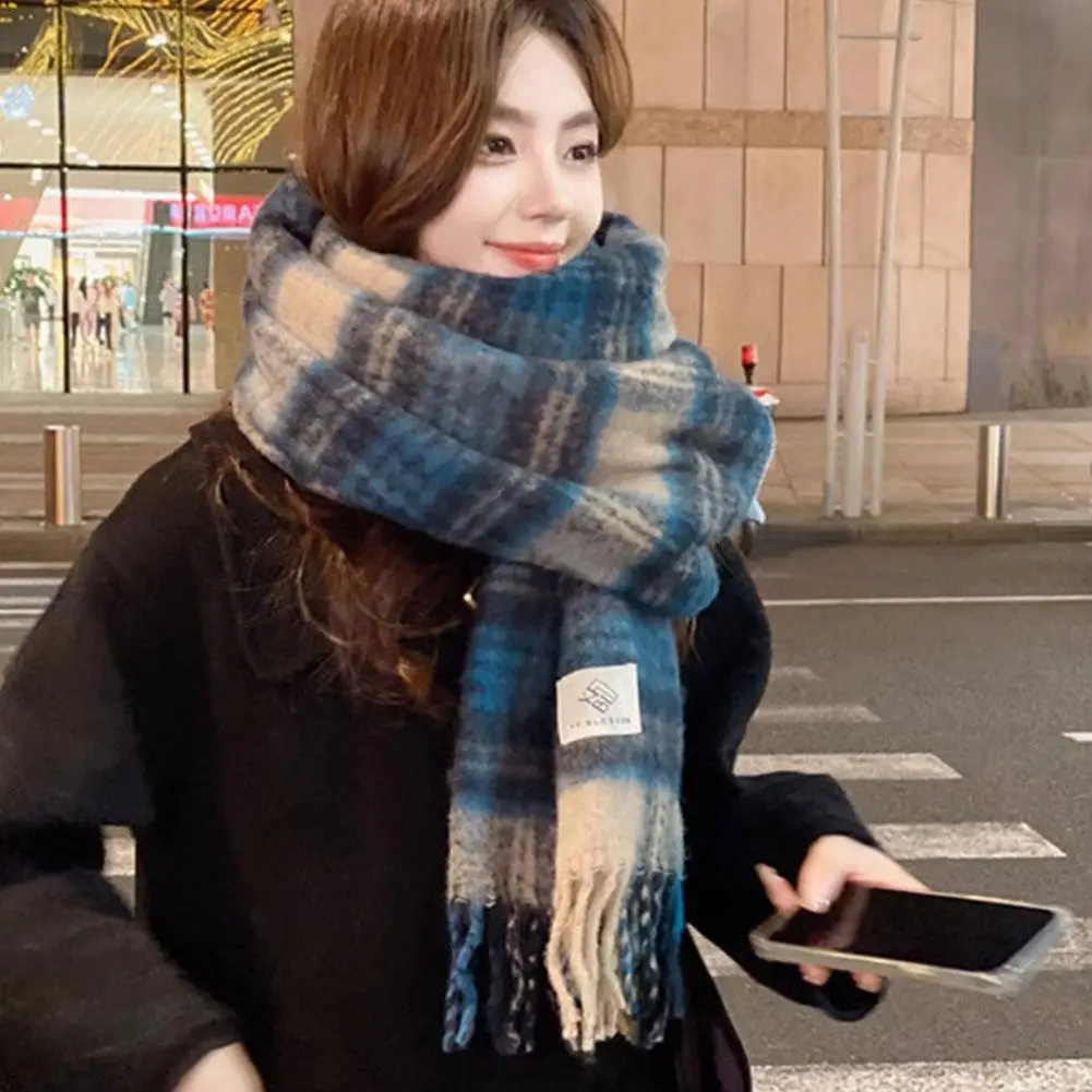Модный зимний шарф женский утепленный клетчатый полосатый роскошный