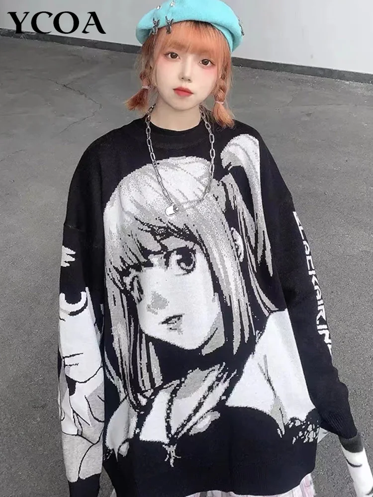 

Женский свитер оверсайз, зимние вязаные топы Y2k, аниме корейский Модный пуловер с длинным рукавом в готическом стиле, уличная одежда, женска...