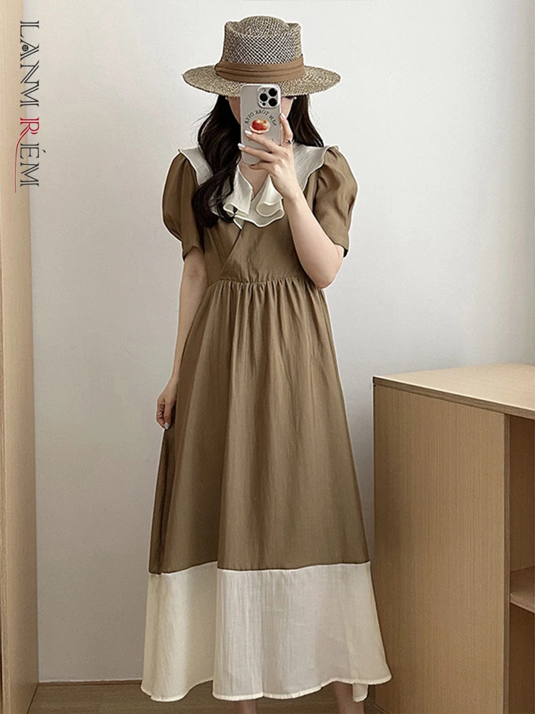 LANMREM Casual Women Dress Korean Patchwork V-neck Puff Sleeves High Waist A-line Dresses Female Clothing 2023 New 2YA2531
