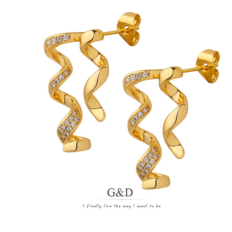 

G&D Luxury Wavy Twisted Earrings Twist Spiral Dangle Full Zircon Earrings Jewelry Stainless Steel Long Peculiar Earrings Women