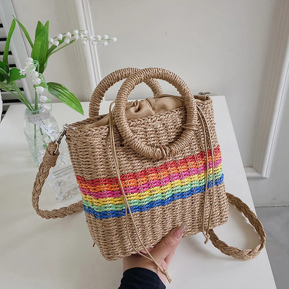 

Summer Straw Shoulder Crossbody Bag Beach Fashion Handmade Woven Basket Lady Handle Handbags Totes Rainbow Rattan Messenger Bags