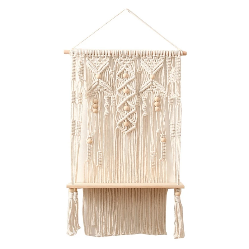 

Hand-Woven Tapestry Wooden Shelf For Wall Bohemian Decorative Shelf Potted Plants Wall Hanging Shelf