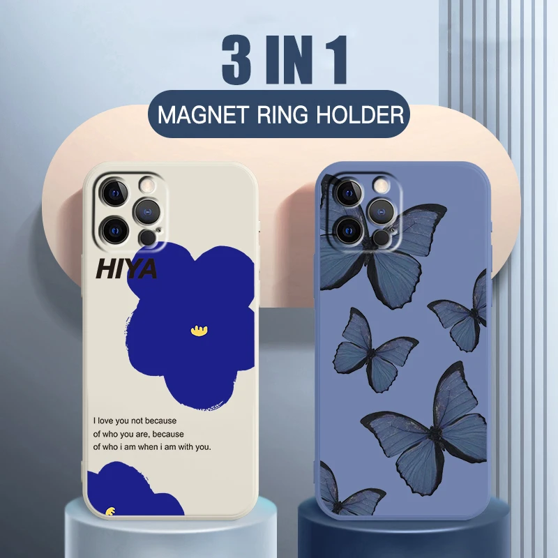 

Luxury Flower Butterfly Art Phone Case For Apple iPhone 14 13 12 Mini 11 XS Pro Max X XR 8 7 6 Plus SE Soft Liquid Rope Cover