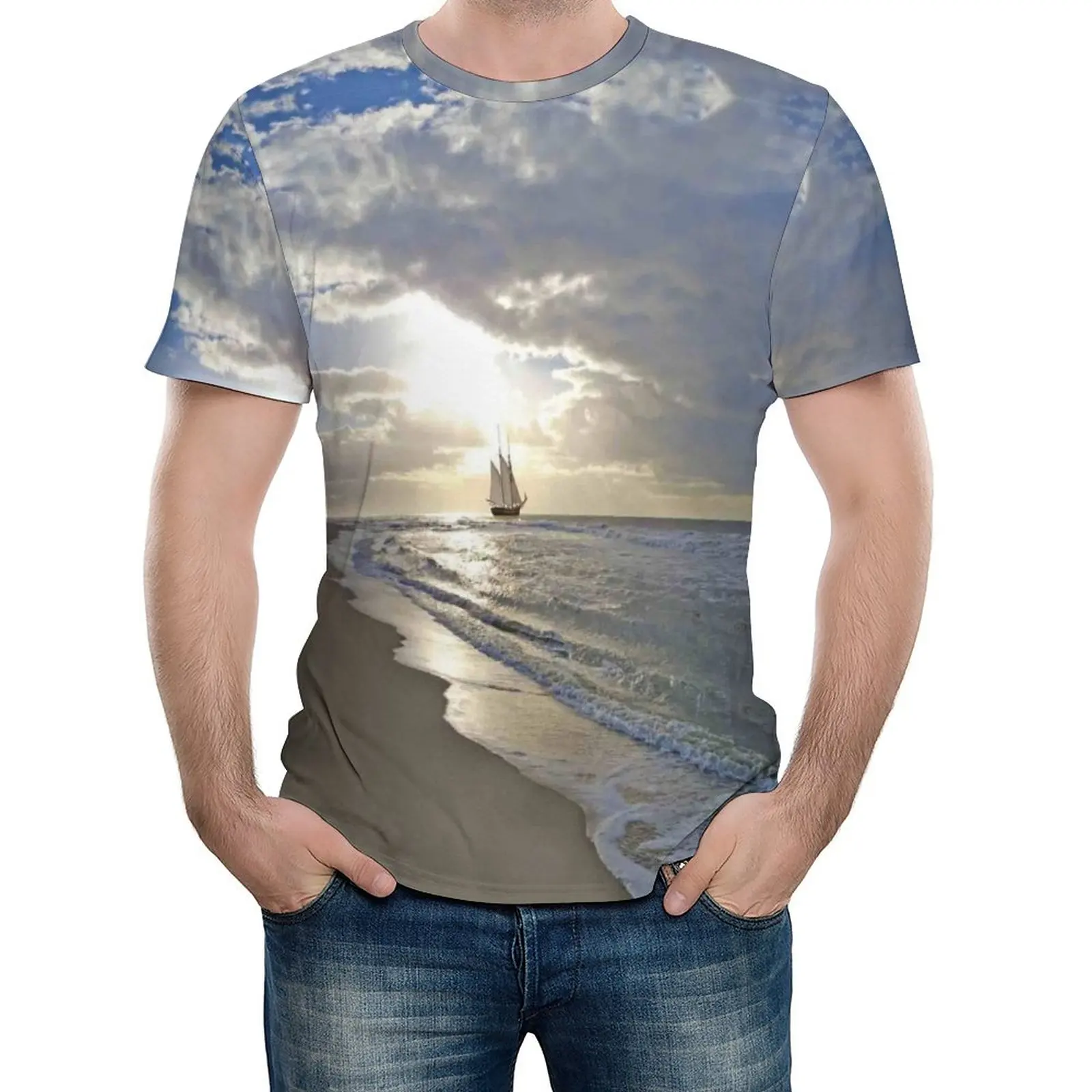 

Sailing Ship Close to Sandy Beach in Moody Sunset Paradise Tropical Theme Funny Graphic Tshirt High Grade Fitness Eur Size