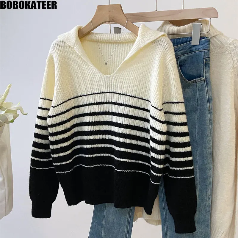 

BOBOKATEER Sweater Women Clothes Autumn Knit Long Sleeve Tops Vintage Loose Sweaters Womens Pullovers Striped Jumper Winter 2023