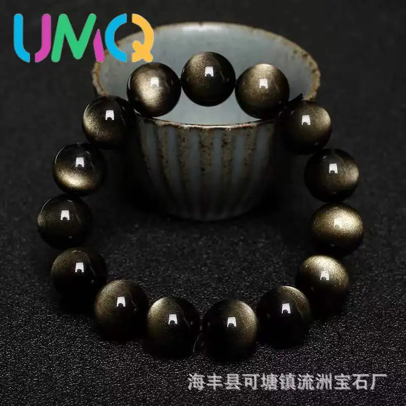 

Natural Obsidian Beads Bracelet Single Circle Gold Obsidian Cat's Eye Bracelet Men's and Women's Fashion Crystal Jewelry