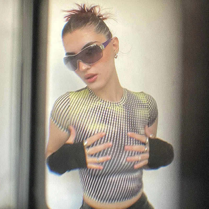

Y2K baby Summer Skinny Women Dot printing T Shirts Navel Trend Print Stretchy Short Sleeve Kawaii Crop Top Streetwear Aesthetic