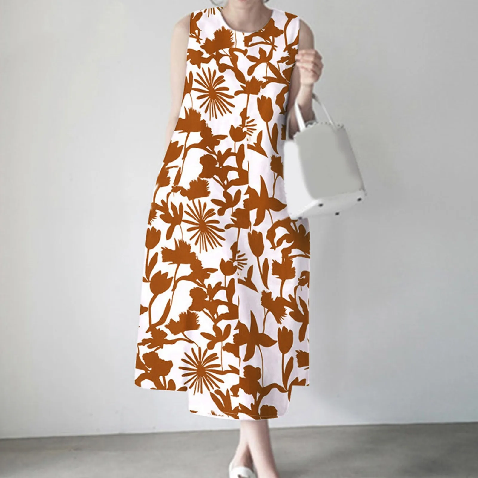 

Ladies Elegant Sleeveless Summer Flower Prints Casual Dress