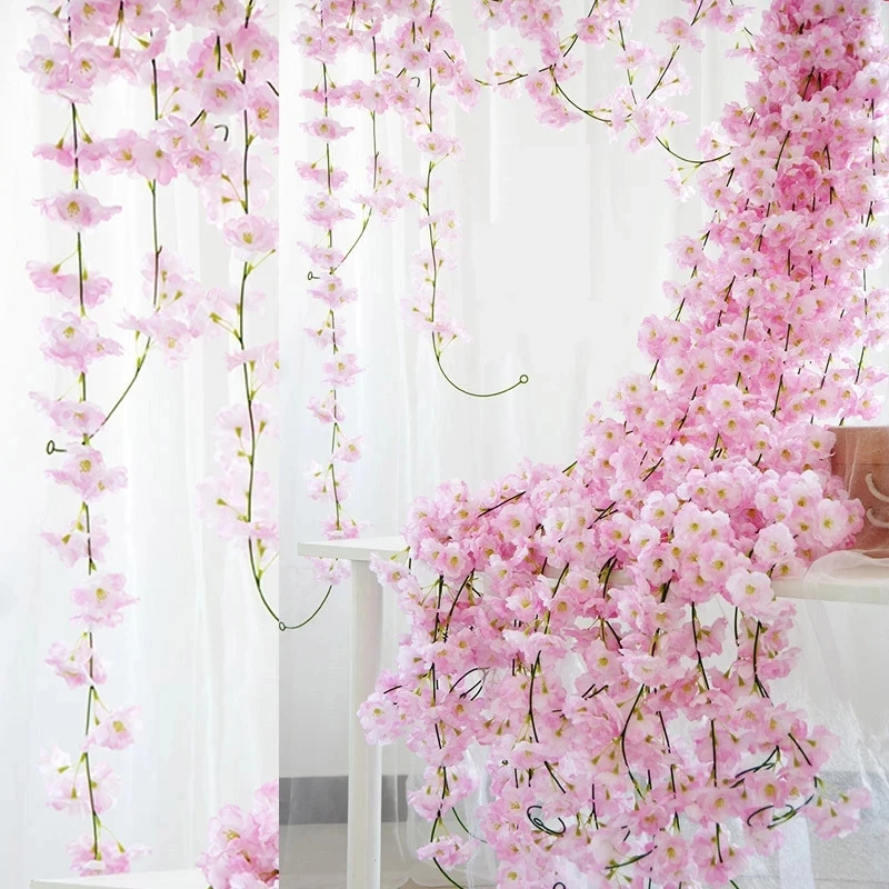 

2.2m Artificial Cherry Blossom Flower Rattan Wedding Arch Wreath Ivy Decoration Fake Silk Flower Vine Party Home Garden Hanging