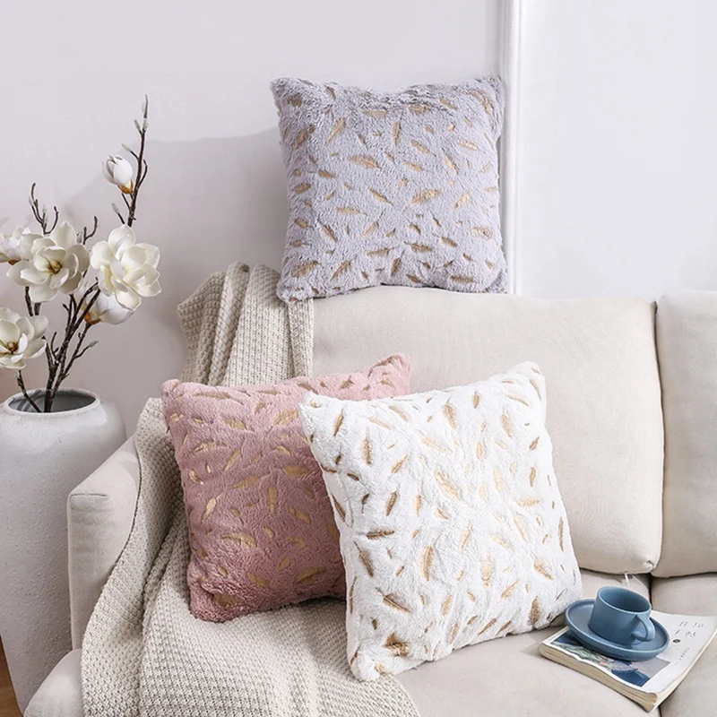 

18 Inch Throw Pillow Covers Plush Faux Fur With Gold Feathers Cushion Covers Fuzzy Pillowcase For Couch Sofa Bed(4Pcs)
