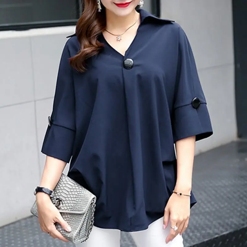 Women Oversized Solid Chiffon Blouse Summer Short Sleeve Loose Large Size Fashon Simple Pullover Female Clothing New V-neck Top