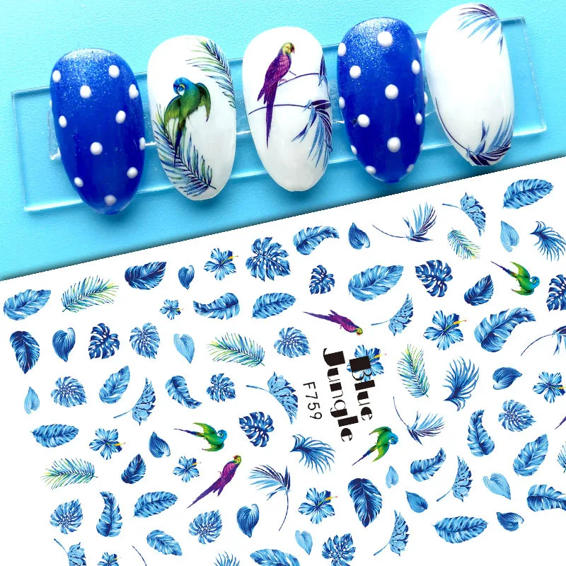 

Summer Beautiful Stickers for Nails Blue Jungle Leaf Birds 3D Nail Sticker Art Design Sliders Manicure Decoraciones Accessories