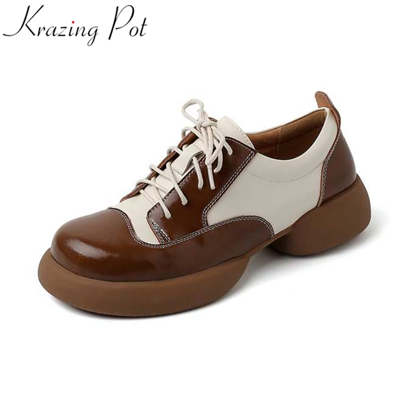 

Женские туфли из натуральной кожи, на шнуровке, с круглым носком