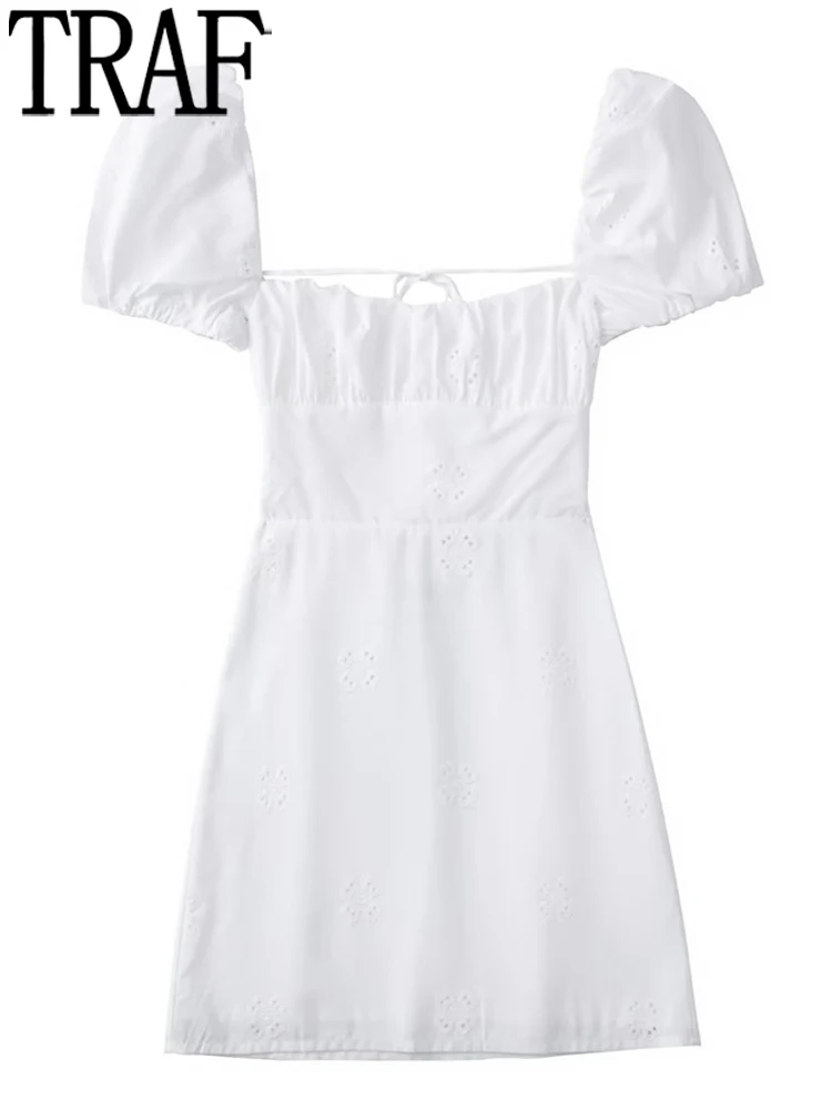 

TRAF Embroidery White Dress Woman Cut Out Short Puff Sleeve Dress Women Summer Backless Mini Dress 2022 Tied Sexy Short Dresses