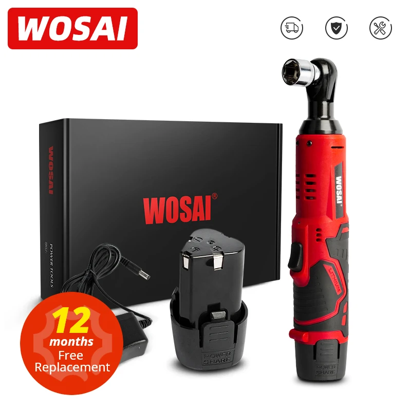 WOSAI 12V MT Series Cordless Electric Wrench 45NM 3/8'' Ratchet Wrench Removal Screw Nut Car Repair Tools Right Angle Wrench