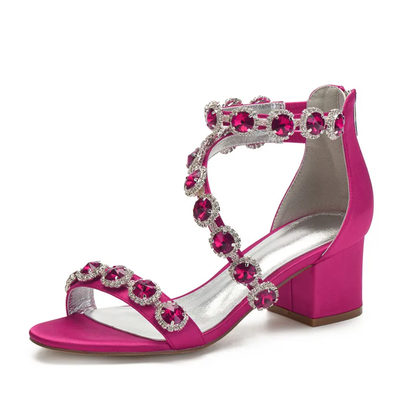 

Block Heels Satin Rhinestones Wedding Sandals Shoe For Bride Open Toe Zipper Back Prom Evening Formal Party Sandals Summer