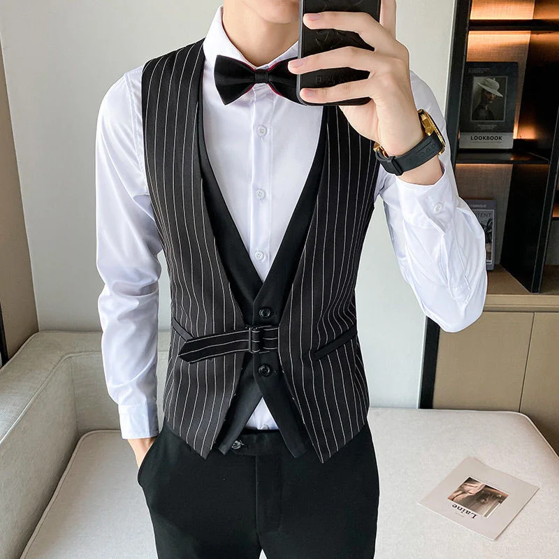 

Stripe Fake 2 Pcs Dress s For Wedding Business Suit SlimTuxedo Social Steampunk Men Vest Chaleco De Traje Hombre