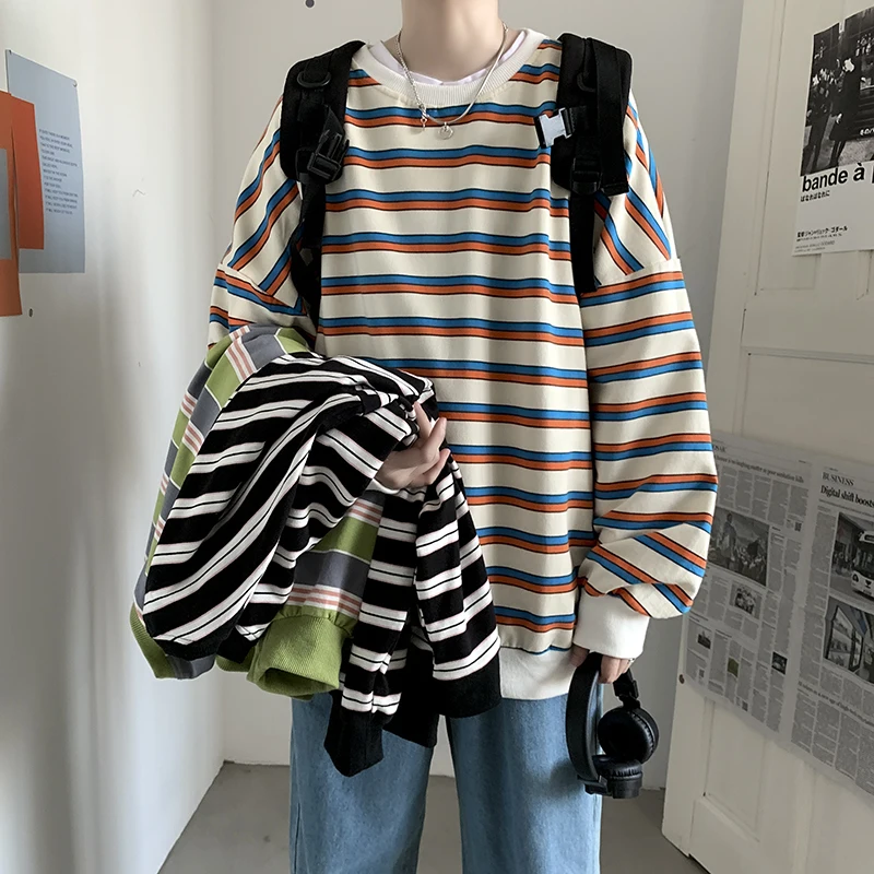 

Contrast Striped Sweater Men T-Shirt Couple Clothes Korean Japanese Streetwear Crewneck Sweatshirt Harajuku Men Fashion 2020