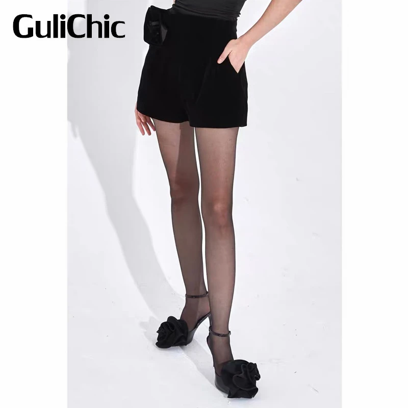 11.14 GuliChic Women Temperament Casual Detachable Flower High Waist Black Velvet Shorts