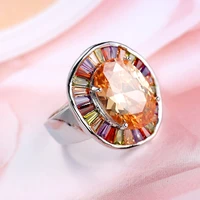new statement bridal big round colorful cz finger 925 sterling silver rings champagne cubic zircon jewelry for women party gift