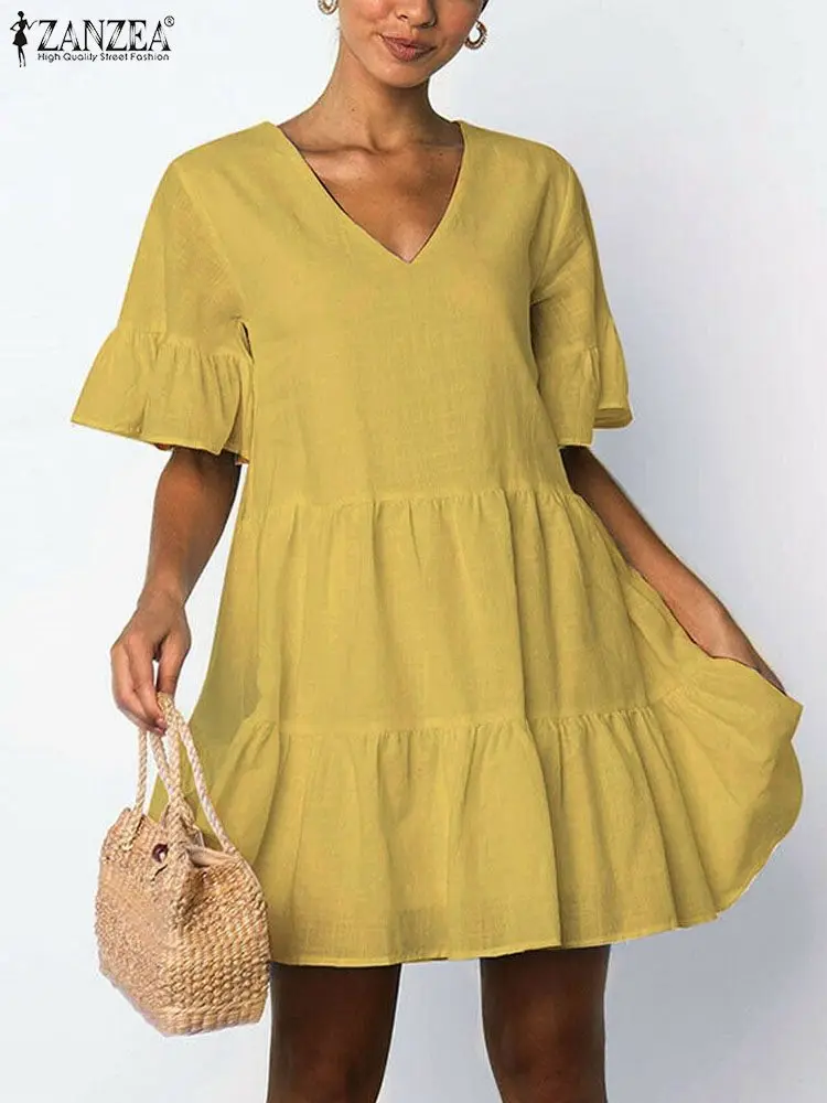 

2022 ZANZEA Summer Women Stylish V Neck Short Sleeve Sundress Casual Ruffles Party Vestidos Robe Femme Solid Beach Holiday Dress