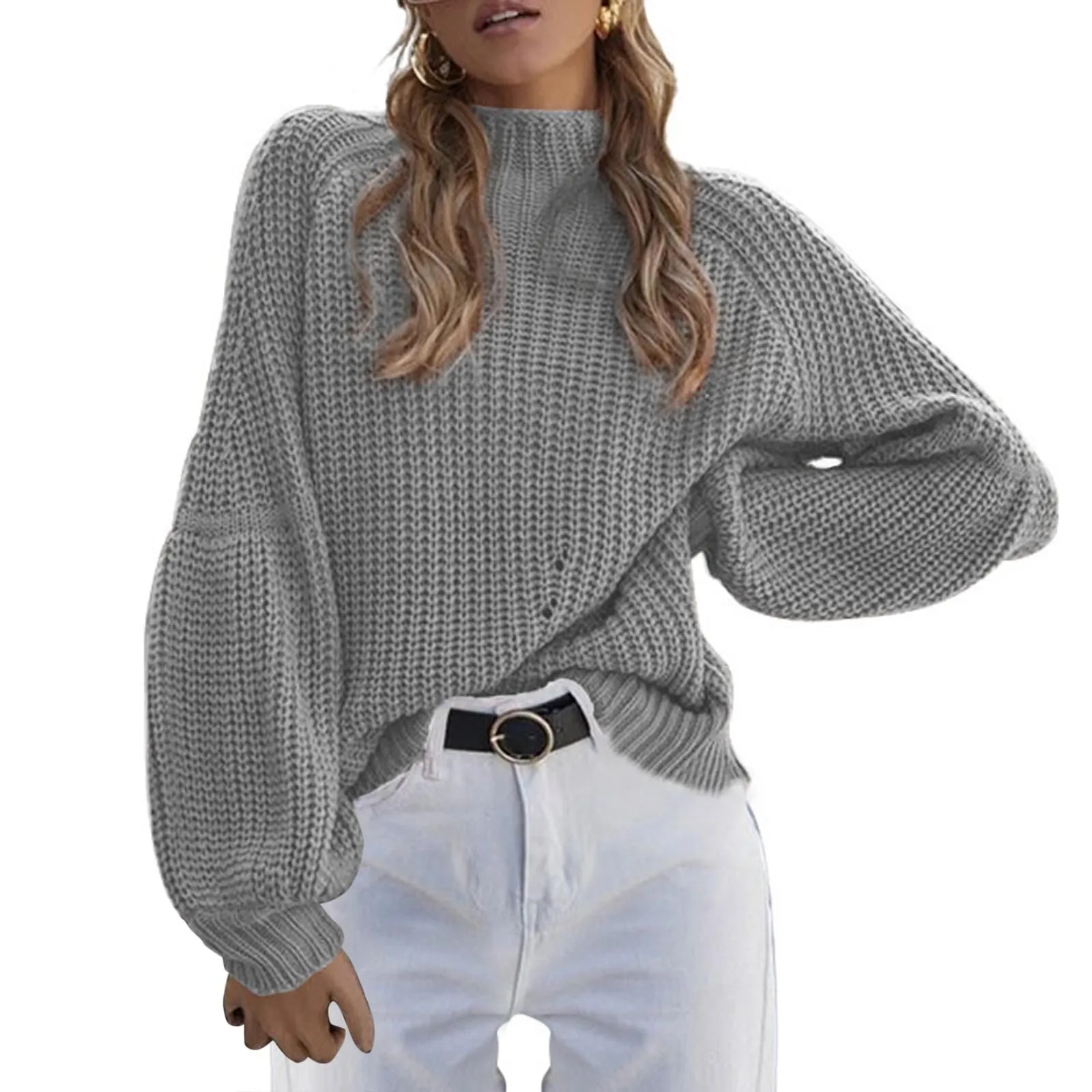 

Модная женская одежда свободного покроя, однотонный вязаный свитер большого размера, повседневный пуловер с воротником «хомут», свитер с с...