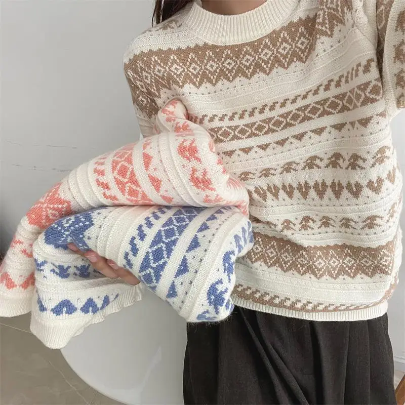

2023 New Autumn and Winter Retro Knitted Sweater Women's Loose Round Neck Long-sleeved Printed Pullover Top All-match Casual