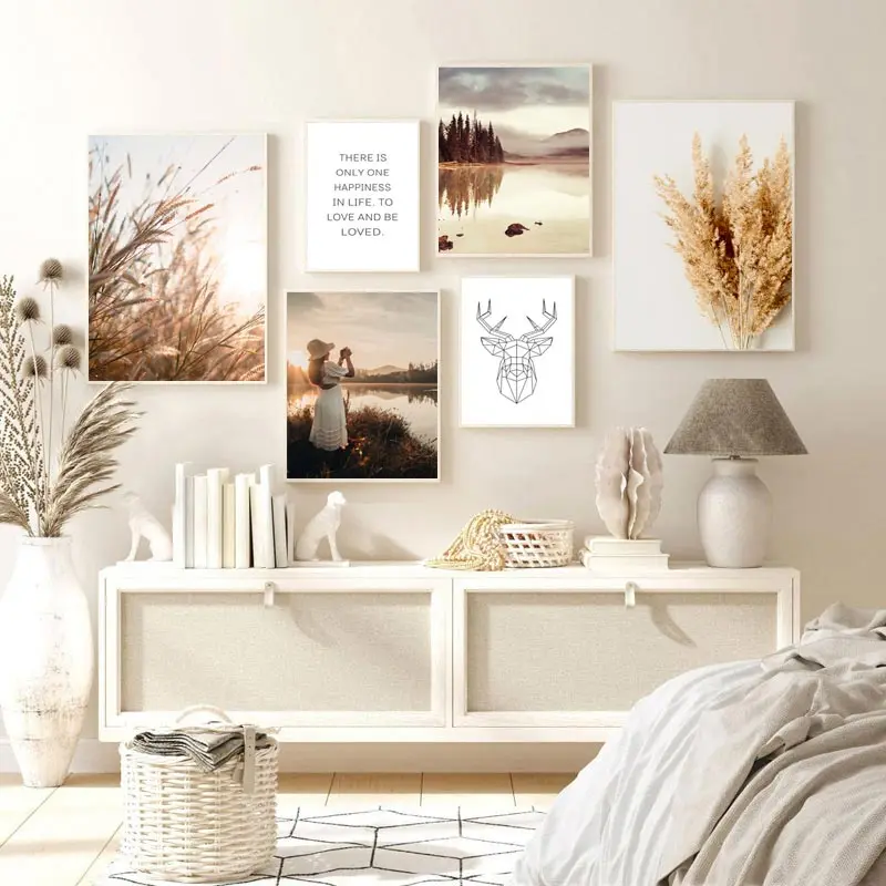 

Minimalist Modern NordicPoster Landscape Wall Art Mood Warm Color Sunset Lake Canvas Painting Gallery Pictures Room Decor