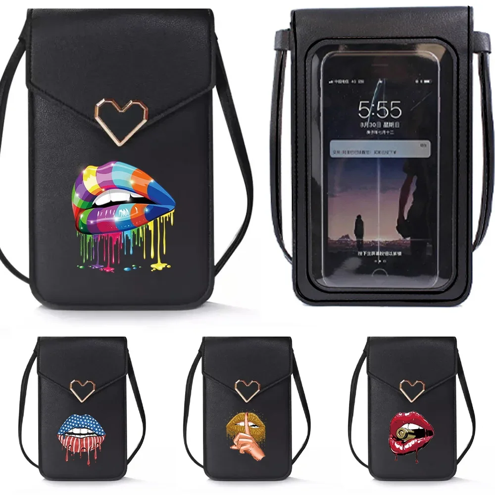 

Women Small Touch Screen Mobile Phone Bag PU Leather Wallets Messenger Bags Mouth Print Shoulder Purse Universal Cell Phone Pack