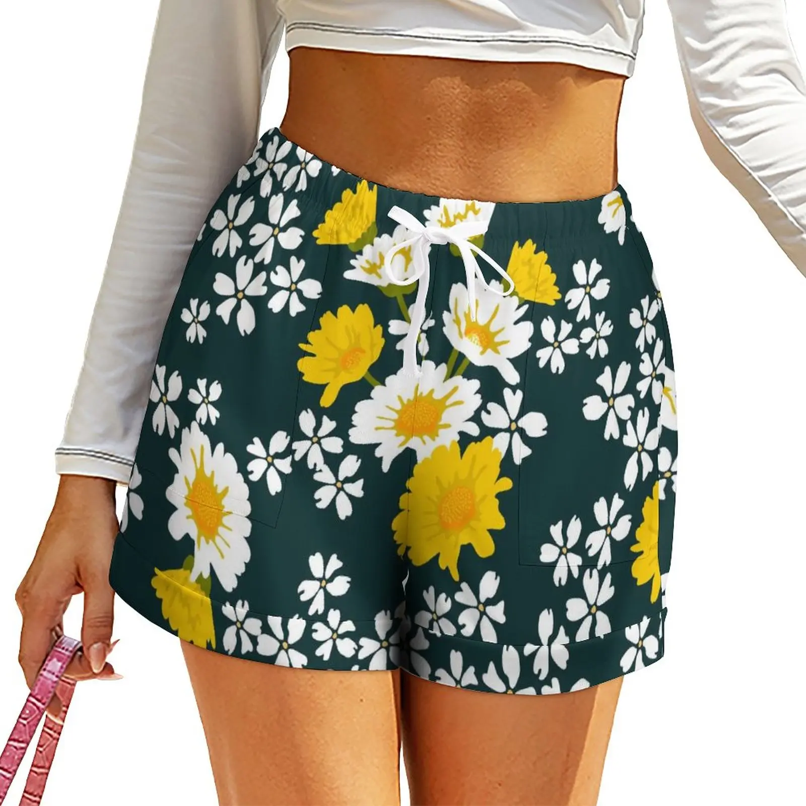 

Yellow White Daisies Shorts Elastic High Waist Floral Pirnt Art Print Shorts Summer Vintage Oversized Short Pants Street Bottoms