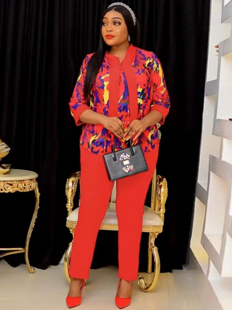 

2 Piece Women Set Dashiki African Clothes Spring Autumn New Fashion Flower Print Top And Pants Suit Party Lady Matching Sets