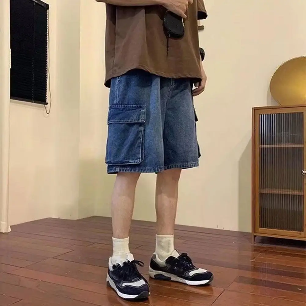 

Breathable Men Shorts Breathable Straight Cargo Shorts with Crotch Multi Pockets Elastic Waist for Men Loose Fit Knee Length