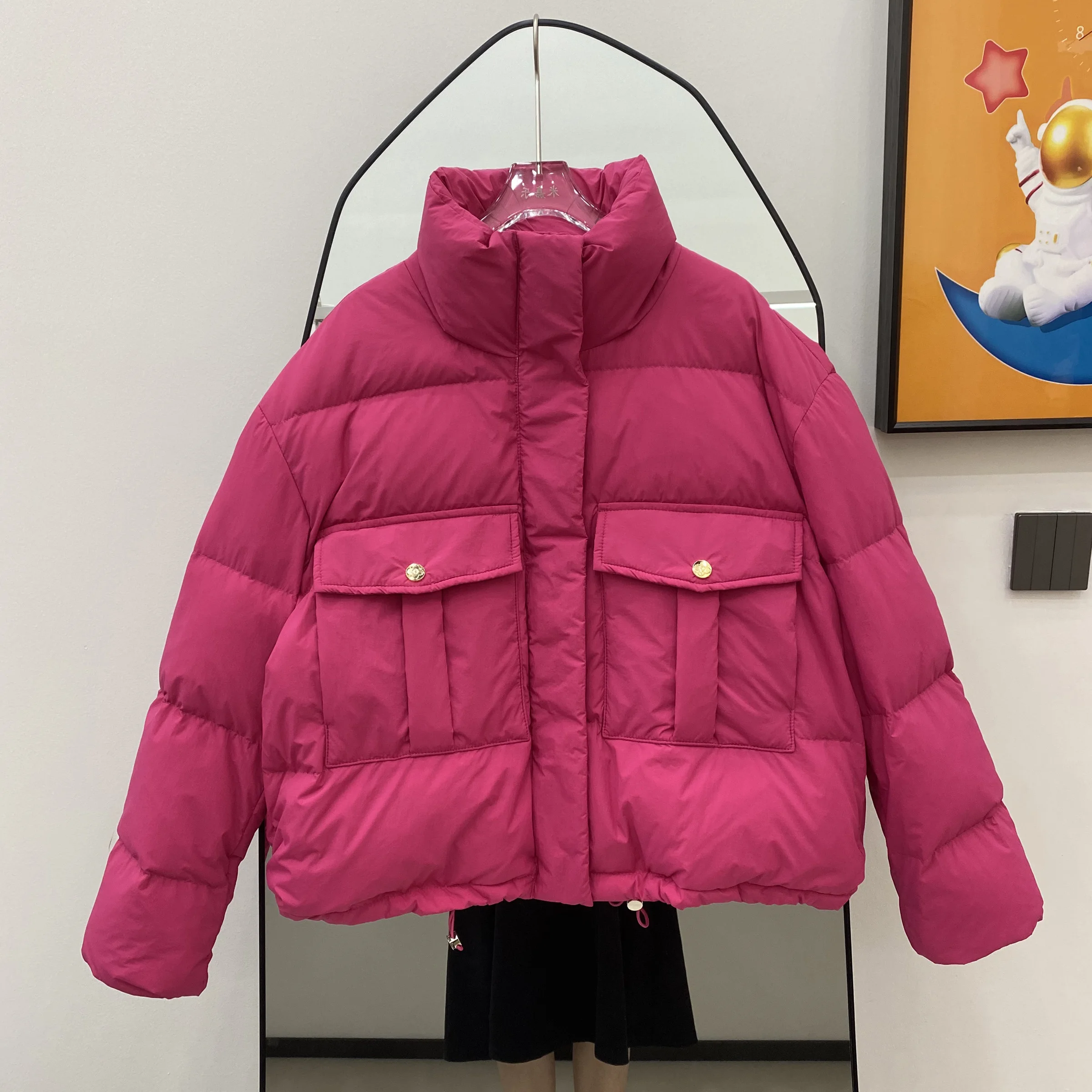 

Женский свободный пуховик с воротником-стойкой, повседневный теплый пуховик на белом утином пуху с большими карманами и длинным рукавом, L398, 2023