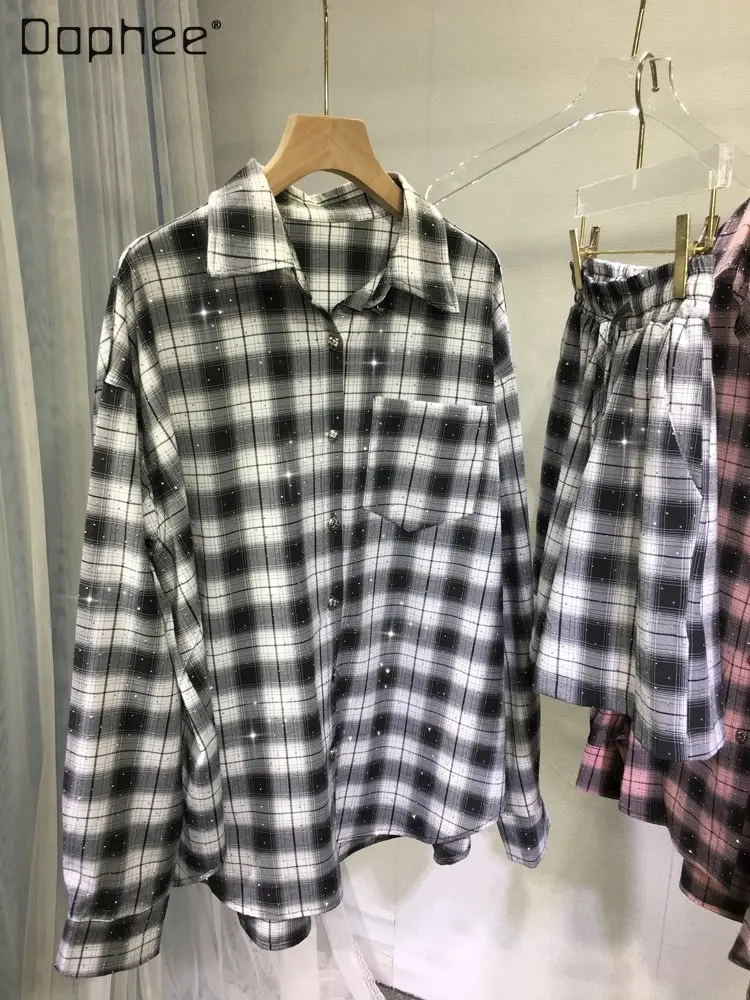 

Hot Drilling Long-Sleeved Shirt Elastic Waist Shorts Two-Piece Set for Women 2023 Spring Summer New Plaid Mid-Length Casual Top