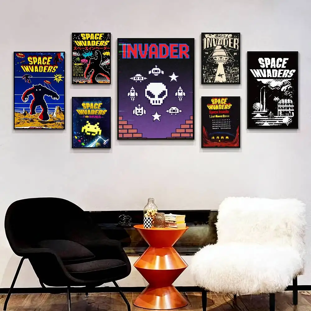 Фото Ретро-постер с изображением игры S-Space Invaders, настенная живопись на холсте для гостиной, спальни, домашнего декора №1