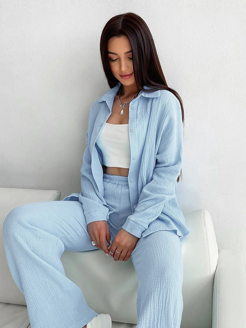 Marthaqiqi Blue Cotton Women'S Pajamas Sets Long Sleeve Sleepwear Turn-Down Collar Nightwear Wide Leg Pants Femme Pyjamas Suits