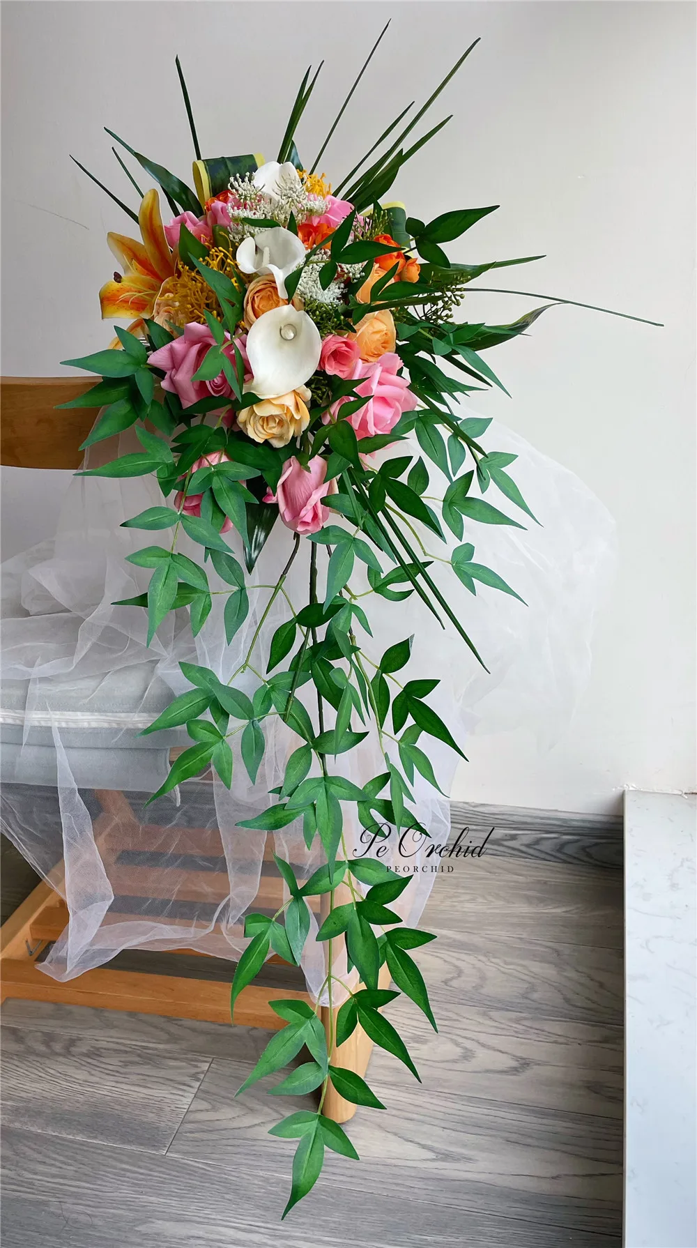 Фото PEORCHID Розовый Оранжевый Real Touch Свадебные цветы Cascada Букет De Mariee Roses Lily Ramls De Flores Novia Большой букет невесты №2
